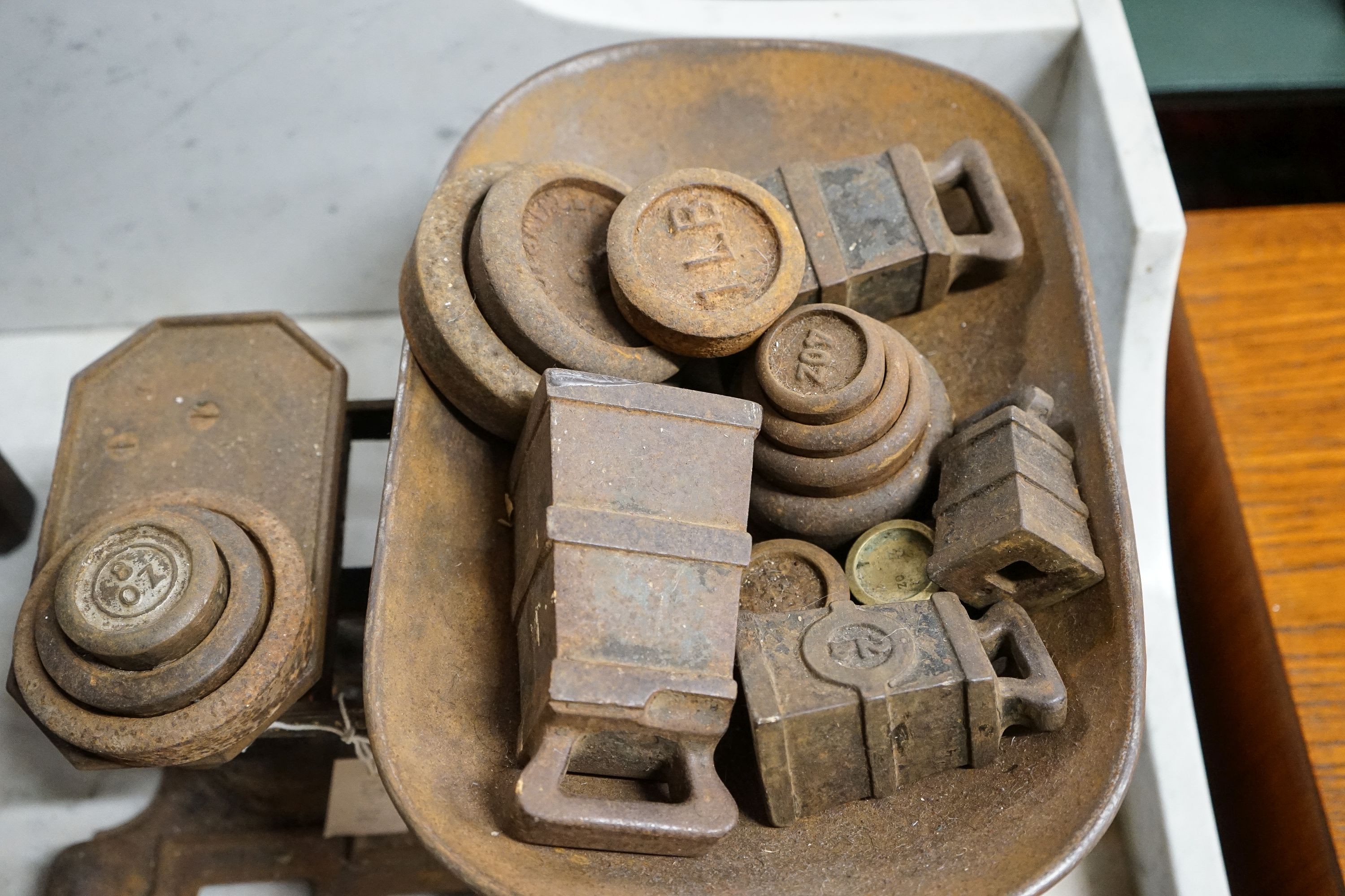 A set of Avery scales, width 40cm and weights, together with additional weights